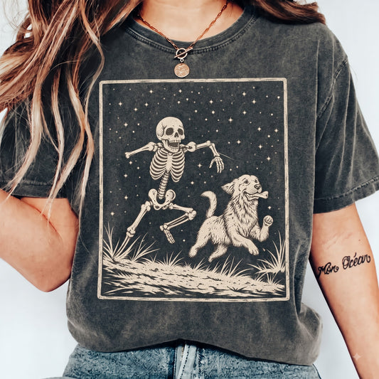 Retro Skeleton & Dog Halloween Comfort T-Shirt