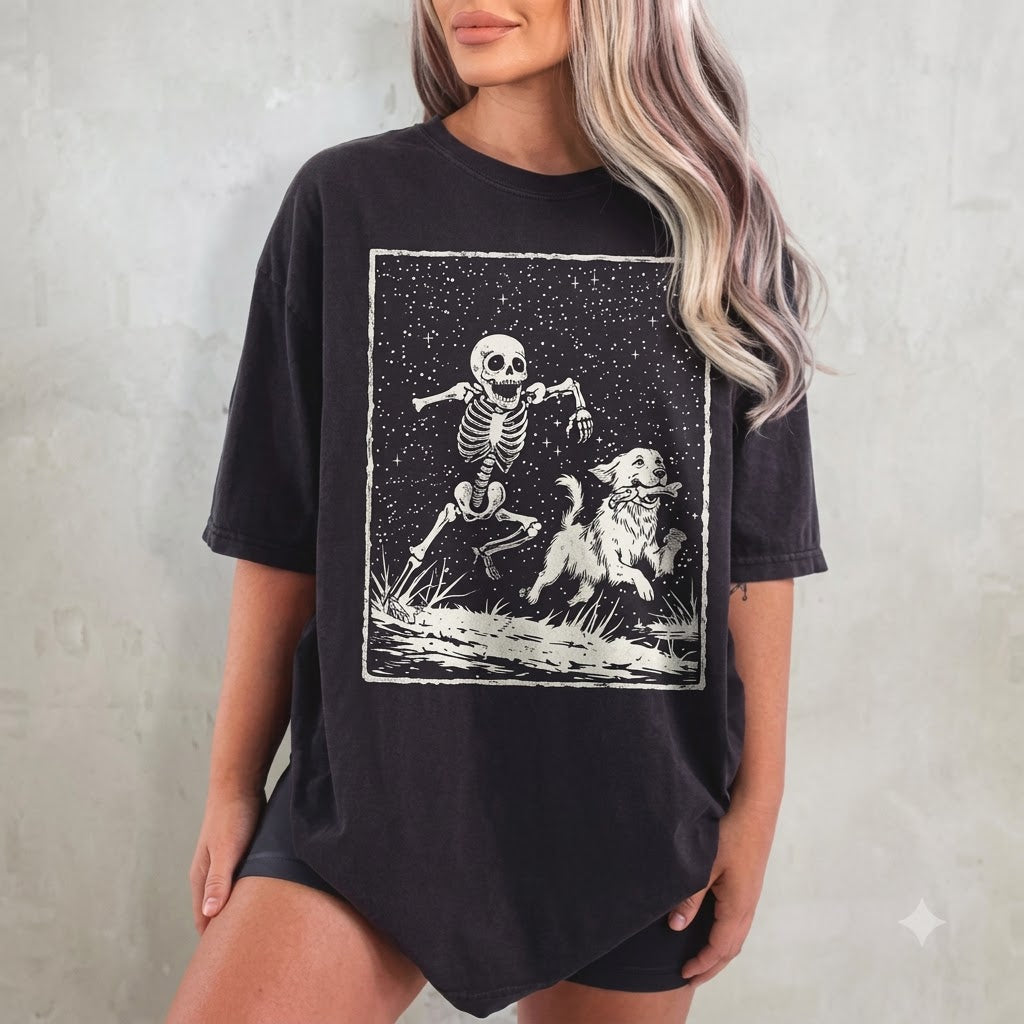 Retro Skeleton & Dog Halloween T-Shirt